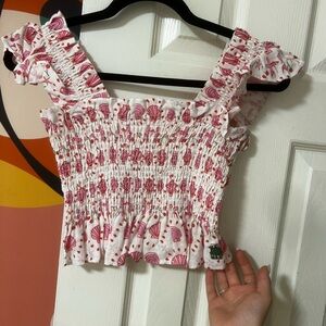 Floral Smocked Ruffle Strap Top - Pink & White